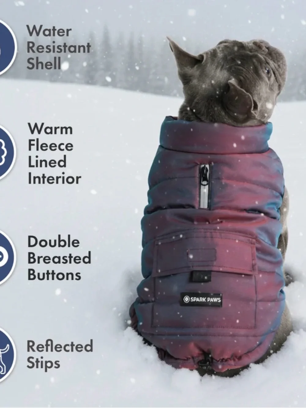 Spark Paws Water-Resistant Fleece-Lined Dog Jacket in Purple Blue